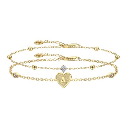 Cicy Bell Gold Heart Initial Bracelets for Women Gifts Dainty 18K Gold Plated Cubic Zirconia Personalized A-Z Name Chain Link Charm Bracelet Non Tarnish Birthday Jewelry Gifts for Her - color: Style 1-A-Gold