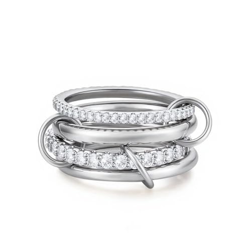 14K Gold Plated Interlocked Stackable Rings for Women Non Tarnish,Gold and Silver Cubic Zirconia Statement Rings Set,Mixed Metals Ring Two-Toned Connected Bands Stacking Jewelry - color: 4*silver rings