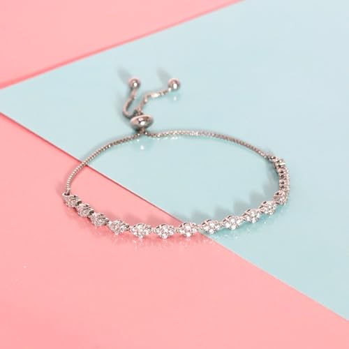 LeCalla 925 Sterling Silver Sliding Bolo Bracelet | Adjustable Beaded Tennis Bracelets for Women | Adjustable Slider Bolo Bracelets Gifts for Her - color: Diamond Shape CZ