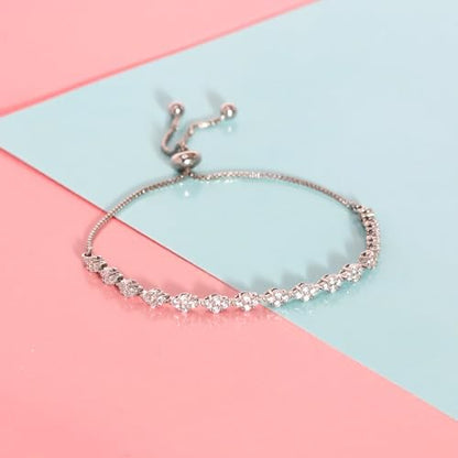 LeCalla 925 Sterling Silver Sliding Bolo Bracelet | Adjustable Beaded Tennis Bracelets for Women | Adjustable Slider Bolo Bracelets Gifts for Her - color: Diamond Shape CZ