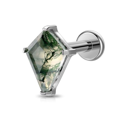 1PC ASTM F136 Titanium Push Pin Moss Agate Stone Flat Back Earrings 16G 8mm for Helix Conch Tragus - color: Rhombus-Tit