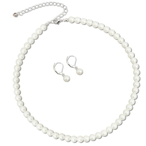 S SUSANN Costume Layered Twisted Gold Pearl Necklace Choker Chunky Glass Statement Pearl Necklace and Earring set, good gift for women Faux pearl necklace set - style: 7MM Silver Milk White Pearl