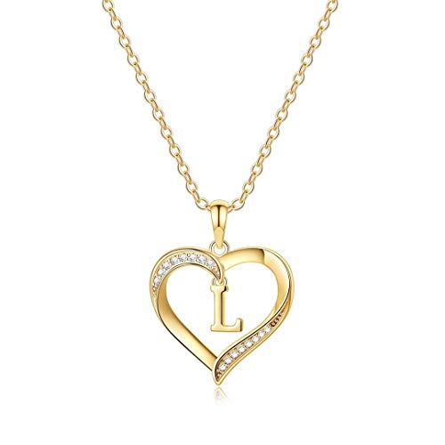 Yesteel Heart Initial Necklaces for Women, 14K Gold Plated Cubic Zirconia Heart Pendant Necklace, Dainty Initial Charm Necklace Letter A to Z Jewelry for Women Girls - style: L