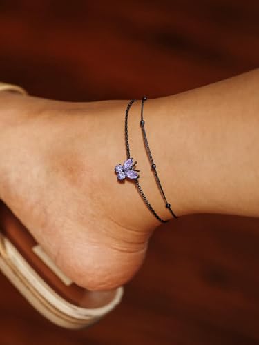 Richsteel Double Layer Heart/Butterfly Birthstone Anklet for Women | Non Tarnish Waterproof, Silver/Gold/Black Stainless Steel 8.5-10.5 Inch Adjustable Chain Anklets Summer Beach Foot Jewelry - color: Black Butterfly-06 Jun.(Alexandrite)