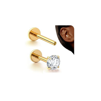 G23 Titanium 16G Tragus Conch Piercing Jewelry Flat Back Stud Earrings | Hypoallergenic CZ Nose Dangle Helix Medusa Lip Labret Body Piercing Jewelry, 14K Gold Plated, Silver, 6 and 8 mm Post Length - color: Clear CZ-14K Gold