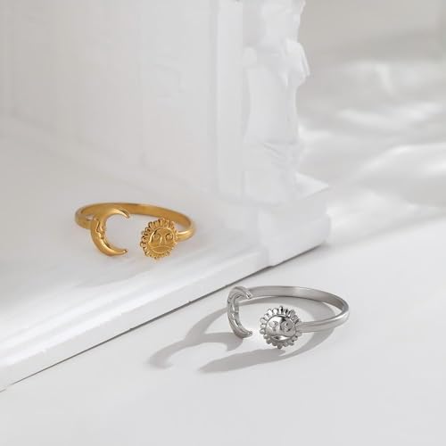 Sun and Moon Rings Stainless Steel Crescent Sun Rings for Women Gold Open Ring Middle Index Finger Jewelry Gift - color: A-Silver Sun&Moon