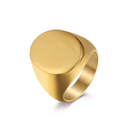 Men's Fashion Stainless Steel Oval Signet Ring Big Wide Solid Biker Band Polished Comfort Fit Silver/Gold/Black - color: Gold