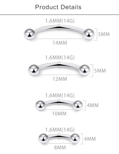 Lcolyoli 14G Snake Eyes Piercing Jewelry Tongue Curved Barbell Surgical Steel Small Belly Button Ring Eyebrow Piercing Jewelry Vertical Labret Lip Jewelry for Women Men Bar Length 8mm 10mm 12mm 14mm - color: silvertone,14g