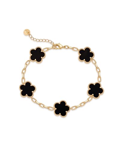 PAVOI 14K Gold Plated Clover Bracelets for Women - Flower Four Leaf Clover Bracelet - Mother of Pearl & Onyx Gemstone Lucky Flower Design - Adjustable Trendy Jewelry Gifts - style: Black Onyx Clover