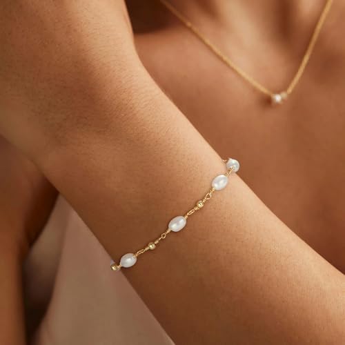 SLOONG 14K Gold Plated Pearl Bracelets for Women Trendy | Dainty Stackable Layered Chain Bridesmaid Bracelets, Waterproof Wedding Jewelry for Women Adjustable 6"+2" - color: 1.Style3(Pearl)
