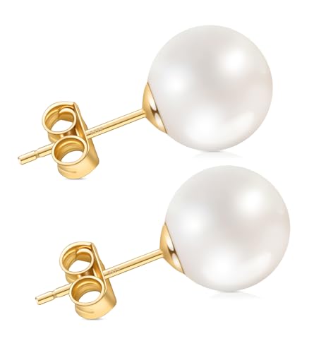 Pearl Earrings for Women, Hypoallergenic 925 Silver Post Studs | Shell Pearl Stud Earrings, Nickel-Free, 18K Yellow-Gold Plated Sterling Silver for Birthday Anniversary Wedding Daily Wear - color: Gold, size: 11mm