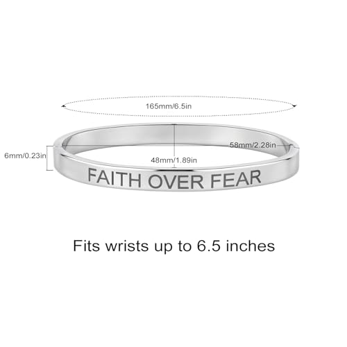 Inspirational Christian Bracelet for Women, Oval Engraved Bible Verse Love Bangle Cuff, Faith Scripture Jewelry, Religious Encouragement Gift for Mom Daughter Sister Friend - color: FAITH OVER FEAR-Oval Bangle Silver