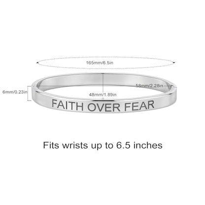 Inspirational Christian Bracelet for Women, Oval Engraved Bible Verse Love Bangle Cuff, Faith Scripture Jewelry, Religious Encouragement Gift for Mom Daughter Sister Friend - color: FAITH OVER FEAR-Oval Bangle Silver