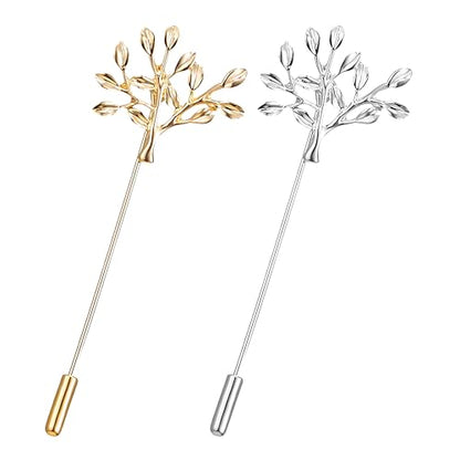 Dreuyet Simple Gold Silver Plated Long Brooch Pins with Cute Animal Antlers Leaves Plant Bees Rabbits Rose Flower Feather Brooch Jewelry for Women Men Elegant Suit Collar Lapel Pin - style: Tree