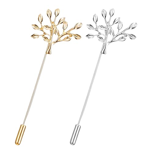 Dreuyet Simple Gold Silver Plated Long Brooch Pins with Cute Animal Antlers Leaves Plant Bees Rabbits Rose Flower Feather Brooch Jewelry for Women Men Elegant Suit Collar Lapel Pin - style: Tree
