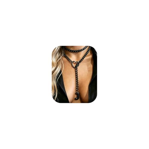 Black Heart Slip Chain Initial Necklaces for Women, Stainless Steel Wrap Choker Necklace, Gothic O-Ring Adjustable Lariat Y Necklaces, Punk Cuban Collar Choker Necklace, Halloween Jewelry Gift - color: Black J