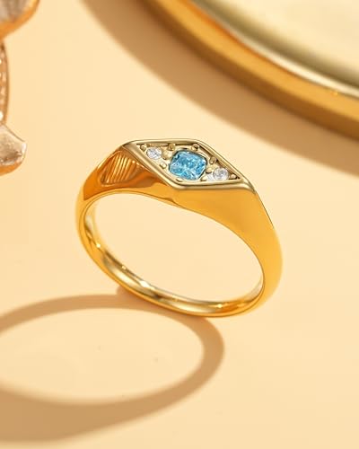 YeGieonr Gold Rings for Women Non Tarnish, 18K Gold Plated Stainless Steel North Star Signet Ring, Waterproof Dainty Pinky Statement Ring, Tarnish Free Gold Jewelry for Women - color: Rhombus Blue