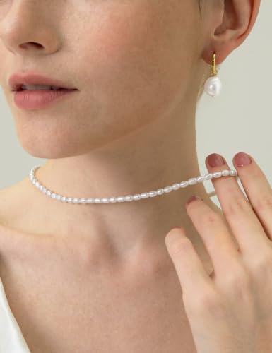 EAMTI Freshwater Cultured Pearl Necklace for Women, 3-4mm Dainty Pearl Beaded Choker, Classic Strand Necklace 16 Inch Layering Jewelry - color: 3-4mm-White