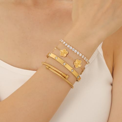 Gold Bracelets for Women, 18K Gold Plated Women Tennis Bracelets Clover Nail Love Bangle Bracelet Set, Gold Bracelet Stackable Set Trendy Jewelry, Gifts for Women's Day and Mother's Day - color: 06-Color-gold