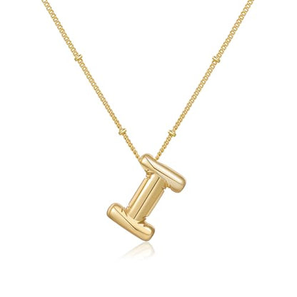Gold Bubble Initial Necklace for Women Balloon Letter Necklace 18K Gold Plated Dainty Alphabet Pendant Puffy Name Personal Necklace - color: I
