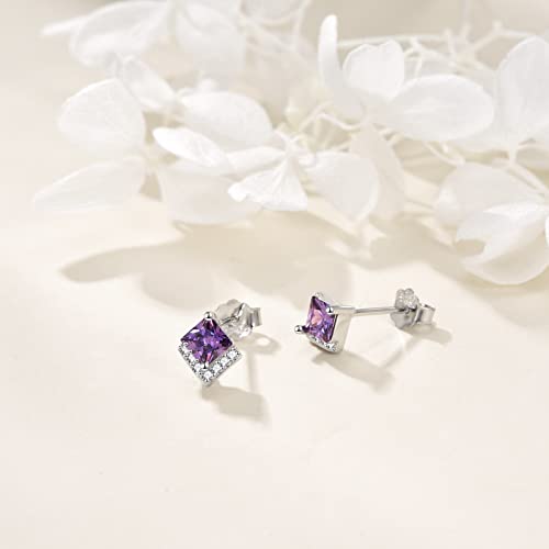 Birthstone Stud Earrings Sterling Silver Square Created Crystal Earrings Cubic Zirconia Hypoallergenic Piercing Jewelry Small Gifts for Women Mothers - color: Feb-Amethyst