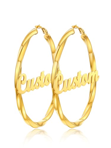 FindChic Twisted Hoop Earrings for Women, Silver/Black/14K Gold Plated Hypoallergenic Hollow Tube Rounded Loop Earrings, 30mm/40mm/60mm/80mm Hoops with Custom Name Options and Gift Box - color: f.Gold (Custom Name), size: 80MM