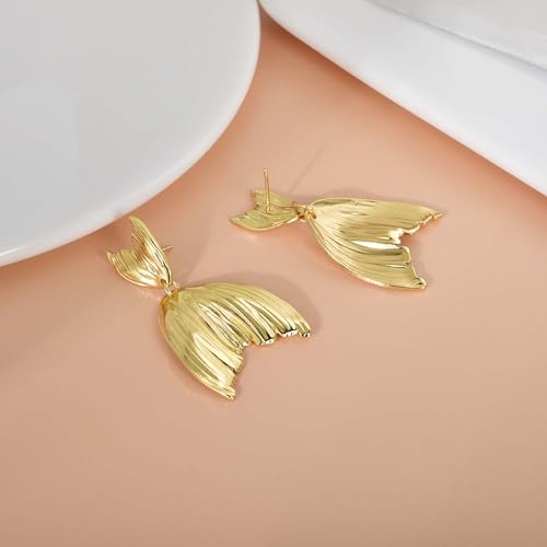 Large Geometric Drop Dangle Earrings for Women Pearl Teardrop Disc Rectangle Oval Fishtail Shell Shaped Textured Dangle Studs Earrings for Women - color: Gold-Fishtail