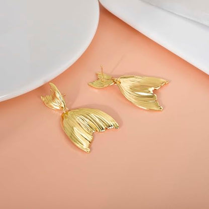 Large Geometric Drop Dangle Earrings for Women Pearl Teardrop Disc Rectangle Oval Fishtail Shell Shaped Textured Dangle Studs Earrings for Women - color: Gold-Fishtail