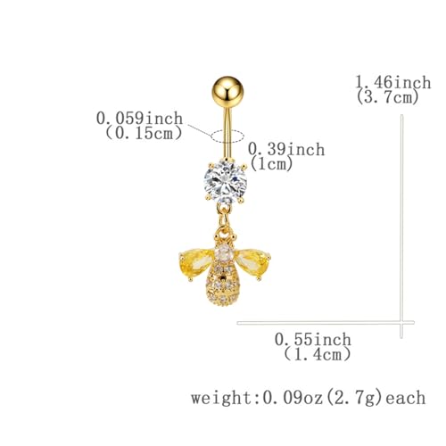 14G Bee Dangle Belly Button Ring, Cubic Zirconia Crystal Honeybee Navel Piercing Barbell Belly Body Jewelry for Women - color: Gold