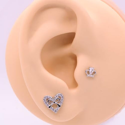 VERAMI 16G Surgical Steel Pushin Lip Rings Butterfly Flower Bee Nose Stud Rings Top Push in Threadless Flat Back Nose Rings Studs Cartilage Earrings for Womens - color: Silver-Crown Heart