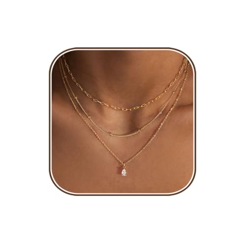 Dainty Layered Necklaces for Women,14k Gold Plated CZ Choker Necklace Stack | 14K Gold Plated Necklace set,Non Tarnish Hypoallergenic Beaded Paperclip Chain Necklace Stack Women's Minimalist Jewelry Gift - color: Gold-1