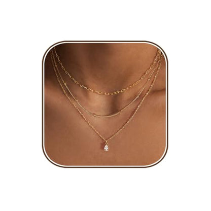 Dainty Layered Necklaces for Women,14k Gold Plated CZ Choker Necklace Stack | 14K Gold Plated Necklace set,Non Tarnish Hypoallergenic Beaded Paperclip Chain Necklace Stack Women's Minimalist Jewelry Gift - color: Gold-1