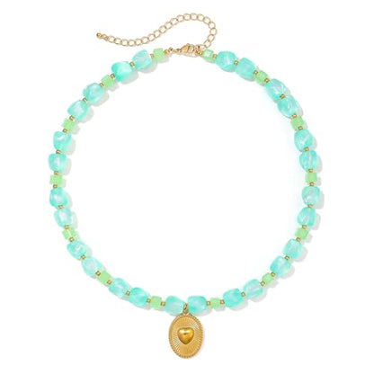 Chunky Beaded Necklaces for Women Trendy Colorful Acrylic Bead Statement Necklace Puffy Heart Pendent Necklaces for Women Boho Fashion Jewelry - color: K-green