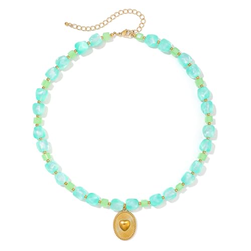 Chunky Beaded Necklaces for Women Trendy Colorful Acrylic Bead Statement Necklace Puffy Heart Pendent Necklaces for Women Boho Fashion Jewelry - color: K-green