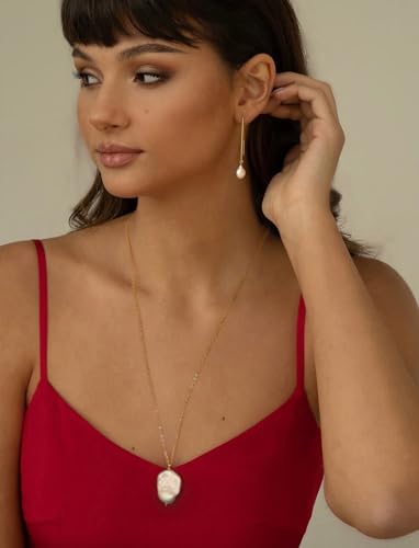 PEARLADA 18k Gold Plated Chain Long Necklace, Boho Sweater Necklace for Women, Geometric Pendant Y Necklace - color: Baroque Pearl