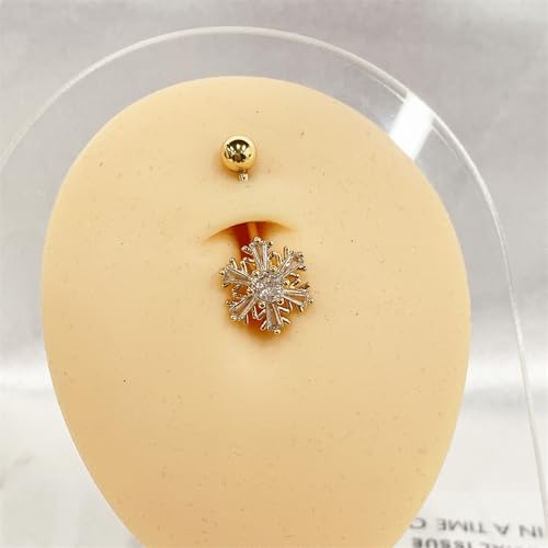 Dainty Flower Dangle Belly Button Ring CZ Crystal Snowflake Navel Barbell Rings Dangling Christmas Body Piercing Jewelry for Women - color: Silver