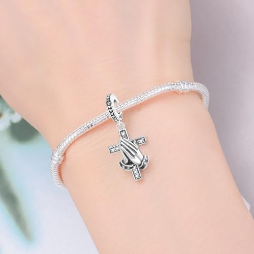 925 Sterling Silver Charms for Bracelets and Necklace Religious Cross Pendants Praying Hands, Bible, Virgin Mary, Jesus, Church Bead Jewelry - color: Praying Hands Cross