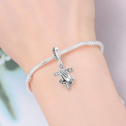 925 Sterling Silver Charms for Bracelets and Necklace Religious Cross Pendants Praying Hands, Bible, Virgin Mary, Jesus, Church Bead Jewelry - color: Praying Hands Cross