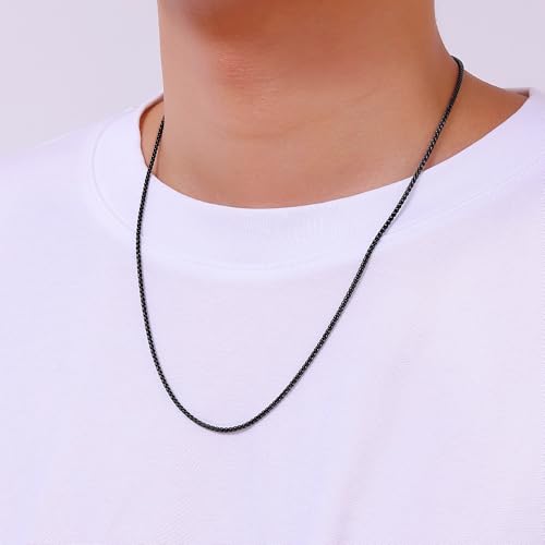 Fiusem Wheat Chains for Men and Women, Silver Tone/Black/14K Gold Plated | 2/2.5/3/4/5mm Stainless Steel Necklace Chain, Mens Necklace Jewelry Gift 16-28 Inch - size: 18 Inches, style: Black 2MM