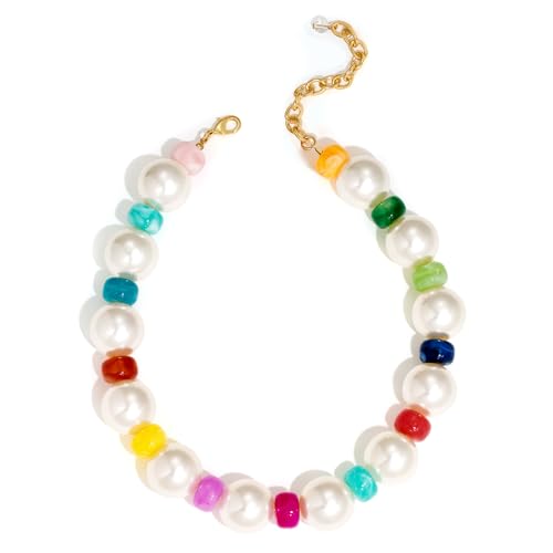 Chunky Beaded Choker Necklace for Women Boho Statement Necklace with Large Pearl Blue Brown Tone Resin Beads Summer Beach Jewelry Gifts - color: Pearl