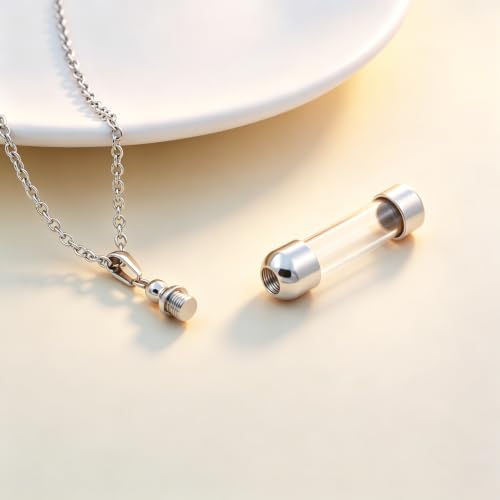 SIYUU Floating Glass Locket Urn Necklaces for Ashes Stainless Steel Cremation Jewelry Memorial Ashes Holder Keepsake Funeral Jewelry - color: Cylinder