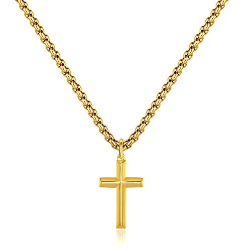 REVEMCN Black Gold Silver Cross Necklace for Boys Stainless Steel Mens Cross Pendant Chain Necklace for Men Women Religious Jewelry Gifts for Boys Girls Chain 16-24 Inches - color: Gold - 0.8'' × 0.5'' beveled cross pendant, size: 16 inches