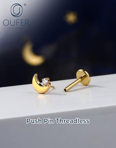 OUFER 18G Moon Cartilage Piercling Jewelry-G23 Titanium Flat Back Push Pin Gold Helix Earrings, Shiny Emerald CZ Tragus Lobe Rook Helix Piercing Jewelry - style: Gold