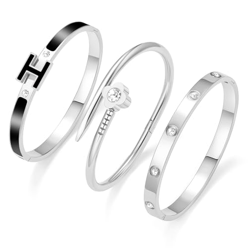 3Pcs Gold Bracelets for Women 14K Gold Plated Love/H/Nail Bangle Bracelet Dainty Non Tarnish Bracelet Jewelry Christmas Mothers Day Gifts for Women - color: 3Pcs Silver/Black H bracelet