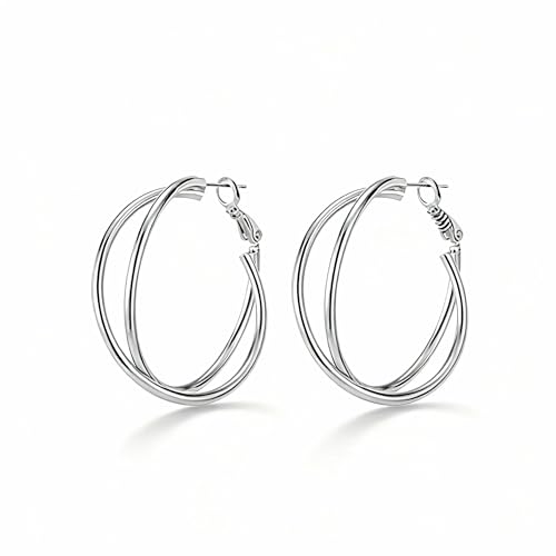 18K Gold Plated Crossover Double Hoop Earrings, 40mm Big Hoops | 925 Sterling Silver Post, Criss Cross X-Shape Loop, Lightweight Chunky Stackable, Everyday Trendy Statement Jewelry for Women - color: Silver