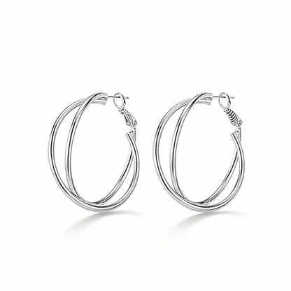 18K Gold Plated Crossover Double Hoop Earrings, 40mm Big Hoops | 925 Sterling Silver Post, Criss Cross X-Shape Loop, Lightweight Chunky Stackable, Everyday Trendy Statement Jewelry for Women - color: Silver