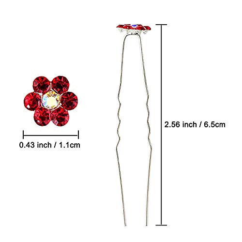 Rhinestone Flower Hair Pins, 40 Pcs U-Shaped Crystal Party Wedding Bridal Hair Accessories for Women Girls (Red) - color: Red