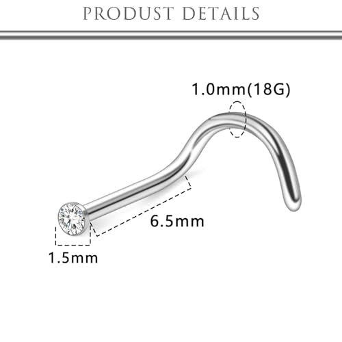 Hoeudjo Nose Studs Surgical Steel Cubic Zirconia Nose Rings Kit for Women Men Tiny Nose Stud Bone & Screw & L Shaped Nostril Piercing Jewelry 18/20/22/24 Gauge 10 Pieces - color: silver-tone,screw nose studs, size: 18g/1.5mm clear CZ