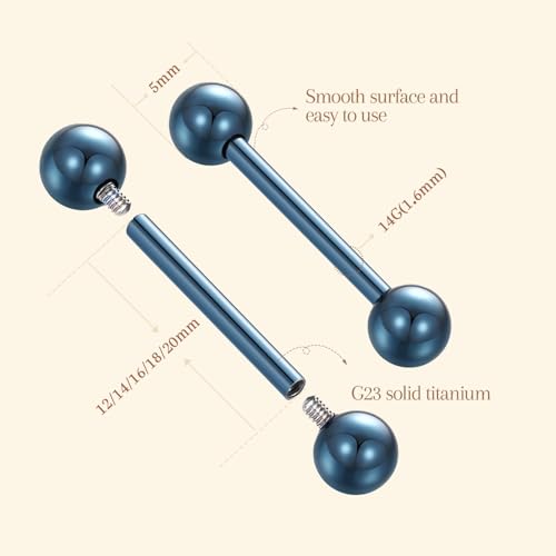 AROWRO Nipple Piercing Jewelry G23 Titanium Nipple Rings Tongue Rings Nipple Bar 14G Internally Threaded Straight Barbells Bridge Piercing Jewelry 12mm-20mm - color: Blue
