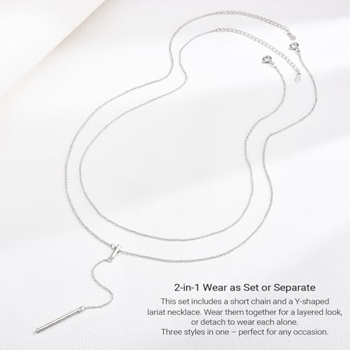 EPIRORA Layered Necklaces for Women, 16” & 20“ Double-Layer Lariat Necklace | 14k Gold/Silver Plated Long Necklaces for Women Trendy Layered Bar Pendant Drop Necklace Lariat Y Necklace Prom Jewelry Gifts - color: Silver